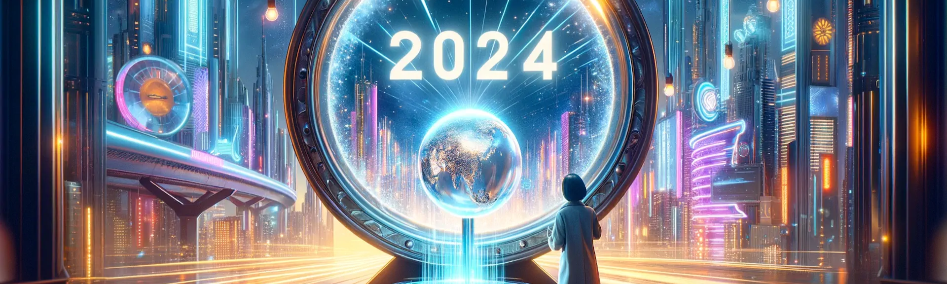 , inspiring, and bright cinematic header image for a blog post titled 'Top AI Trends for 2024' The scene features a time machine with sleek